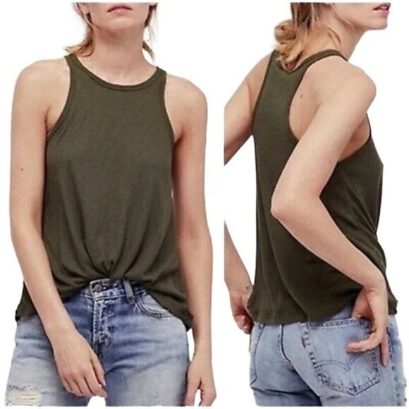 Free People Green Vintage y2k Ribbed Racerback Tank Top - Picture 1 of 7